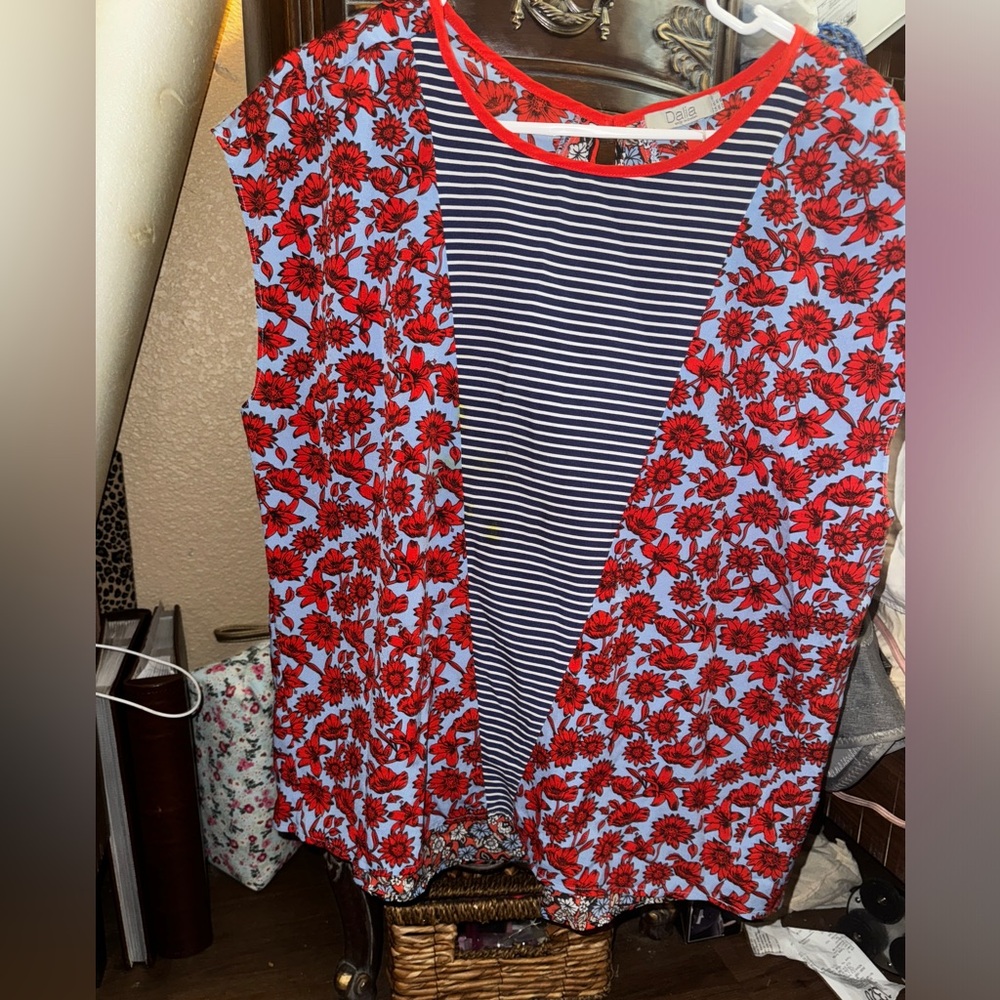 Red, white, blue mixed pattern blouse